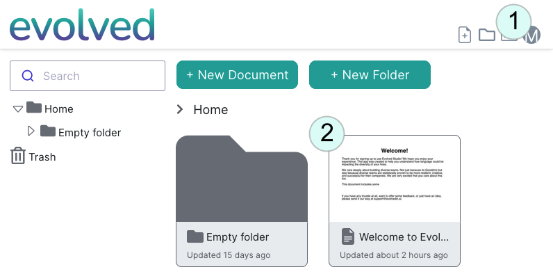 Navigation view in Evolved Studio showing first document