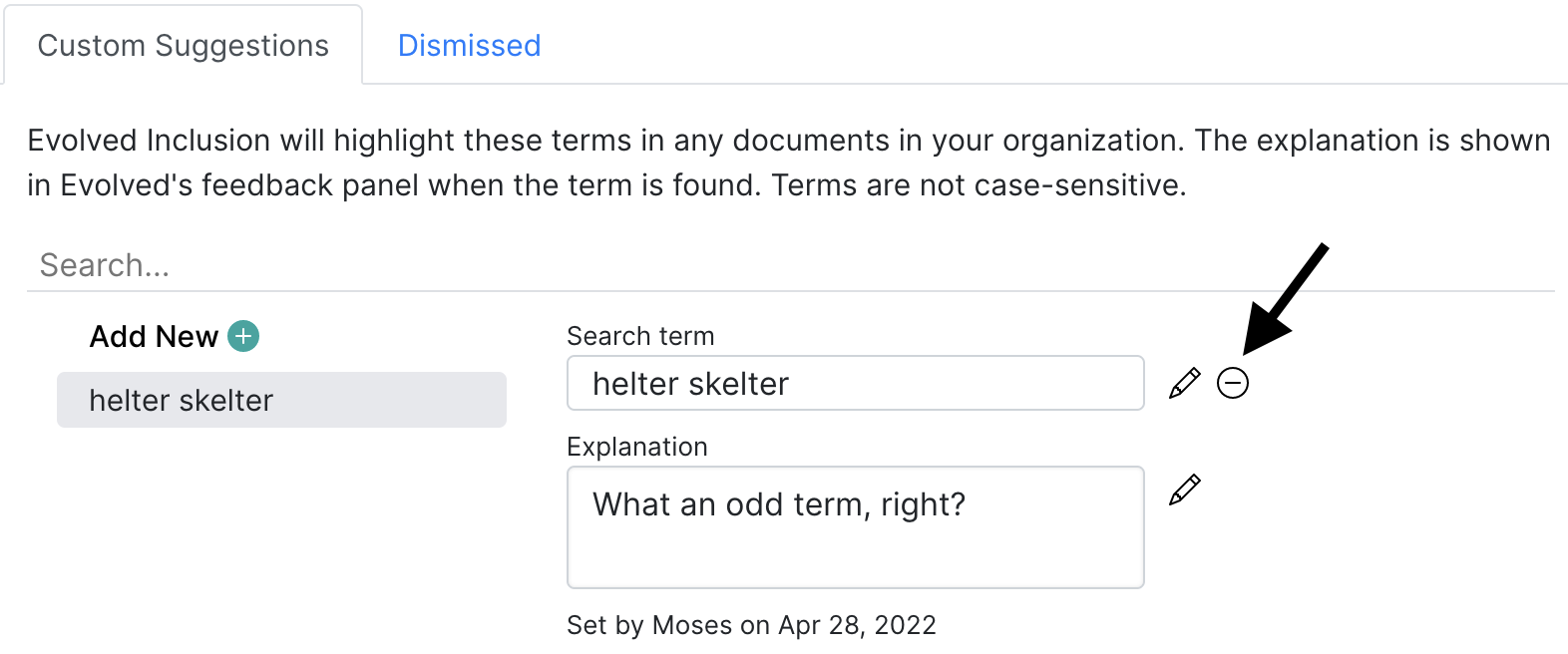 Deleting a Custom Suggestion